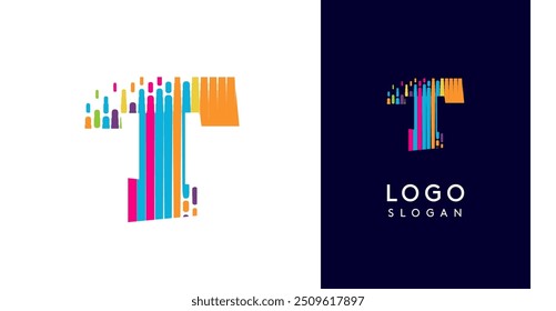 Colorful stripes transitioning into pixel-like elements fat logo template, letter T, abstract equalizer logotype for tech, creative studio, media, digital branding. Vector illustration