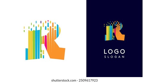 Colorful stripes transitioning into pixel-like elements fat logo template, letter R, abstract equalizer logotype for tech, creative studio, media, digital branding. Vector illustration