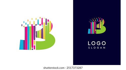 Colorful stripes transitioning into pixel-like elements fat logo template, letter B, abstract equalizer logotype for tech, creative studio, media, digital branding. Vector illustration