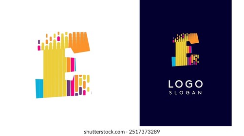 Colorful stripes transitioning into pixel-like elements fat logo template, letter E, abstract equalizer logotype for tech, creative studio, media, digital branding. Vector illustration