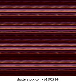 Colorful stripes vector seamless pattern. Thin uneven pinstripes, lines on dark backdrop. Striped background. Free hand drawn orange, pink, magenta bars. Doodle style streaks pattern.