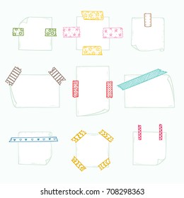 Colorful Strips of Masking Tape and Note Paper Set. Hand Drawn Doodle Sticky tape with Paper. Scotch patterned Adhesive tape collection. Vector illustration