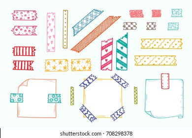 Colorful Strips of Masking Tape and Note Paper Set. Hand Drawn Doodle Sticky tape with Paper. Scotch patterned Adhesive tape collection. Vector illustration