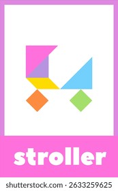 Colorful stroller design showcasing playful geometric shapes suitable for modern parenting aesthetics. Tangram puzzle for children. Educational card for kids