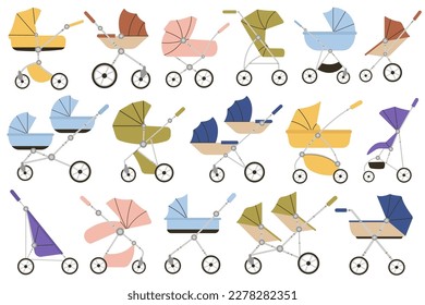 Colorful strollers flat icons set. Different types of strollers. Travel system, double, carriage, jogging and umbrella strollers. Transport for babies. Color isolated illustration