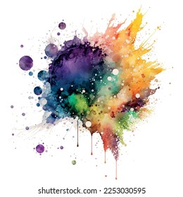 Colorful strong splash on white background. Banner, poster for your graphics. Watercolor abstraction with stains of paint. Vector illustration. Flashy colors. Copy space. Soft and delicate.