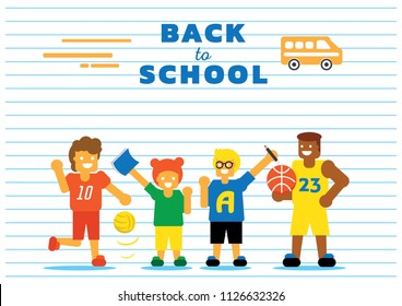 colorful student group back to school flat vector illustration on graph note paper