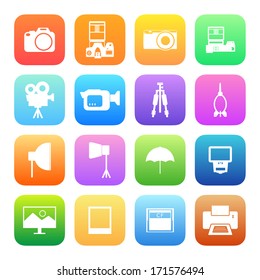 Colorful style Camera and accessory icons vector set.