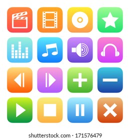 Colorful style media player icons vector set.