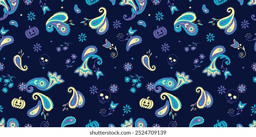 Colorful style paisley pattern with skulls and halloween motifs. Dark background design for decoration and textiles