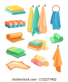 Baño colorido y elegante y toallas de cocina kit de icono plano. Tejidos de caricatura colgados en un juego de ilustración vectorial de gancho, laminado y doblado. Tejidos esponjosos para limpiarse. El concepto de limpieza y decoración