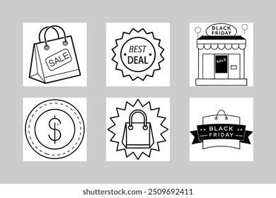Farbenfrohe und stilvolle Black Friday Vektorsymbole: Silhouette und Line Art Designs