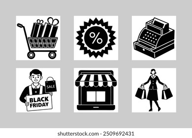Colorful and Stylish Black Friday Vector Icons: Silhouette and Line Art Designs