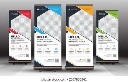 Colorful Stylish Creative Corporate Roll Up Banner Signage Standee Template for Advertising and Multipurpose Use with Four Color Variations