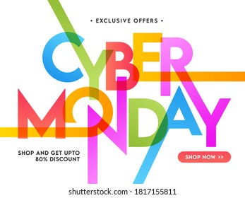 Colorful Stylish Cyber Monday Text with 80% Discount Offer on White Background for Sale.