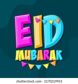 Farbige, stylische Schriftart Eid Mubarak mit bunten Fahnen auf violettem Hintergrund.