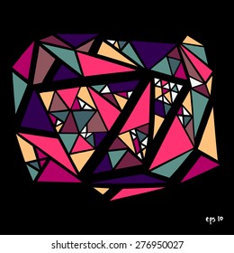 Colorful stylish grungy vector collection of geometric hand-drawn triangles on black background in graffiti street art style. 