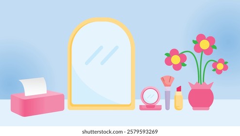 A colorful and stylish illustration of a makeup vanity set, featuring a large mirror, various makeup products, and a vase of flowers. Perfect for beauty blogs, tutorials, and product promotions.