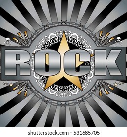 Colorful and stylish rock music background that contains stars, skulls, barbed wire and lightening