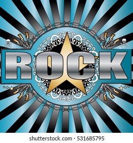 Colorful and stylish rock music background that contains stars, skulls, barbed wire and lightening