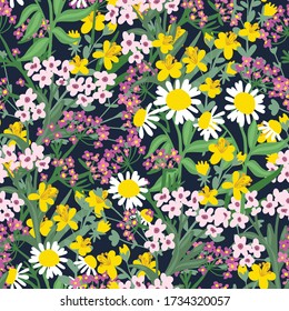 Colorful and stylish small booming floral and meadow flowers seamless pattern. Vector illustration for fashion,fabric,wallpaper,wrapping t-shirts, bed linen, packaging, napkins, postcards, backgrounds