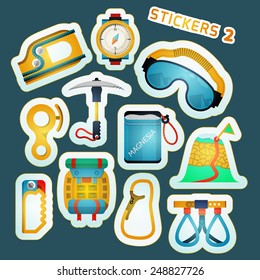 Colorful stylish stickers vector collection for alpinism or rock climbing or mountaineering on blue background.