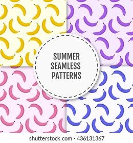 Colorful stylish summer seamless pattern with yellow, blue, pink and purple bananas. Vector illustration of summer fruits. Eco food illustration. Can be used for banner, cards, invitations etc.