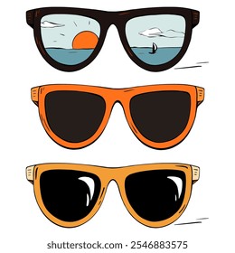 Colorful and Stylish Sunglasses Displaying Beautiful Beach Reflections. Sea and sun. Vector sketch illustration. Tourism