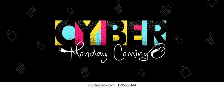 Colorful stylish text Cyber Monday Coming with wired mouse illustration on black shopping pattern background for Advertising concept.