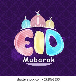 Colorful stylish text Eid Mubarak with mosque on shiny purple background, Elegant greeting card design for Muslim community festival, celebration.