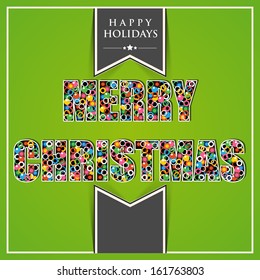 Colorful stylish text Merry Christmas with grey ribbon on bright green background, can be use as flyer, banner or poster. 