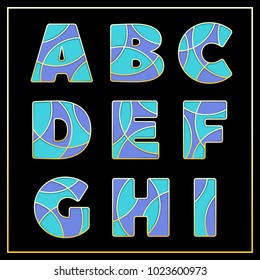 Colorful stylized ABC mosaic font with capital letters from A to I. Part 1 of 5. Enamel jewelry art isolated characters in bright violet and blue colors. Vector illustration for stylish design.