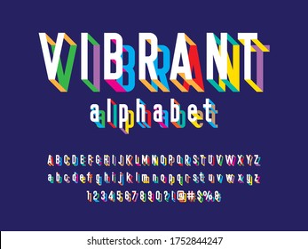 colorful stylized alphabet design with uppercase, lowercase, numbers and symbols