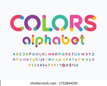 colorful stylized alphabet design with uppercase, lowercase, numbers and symbols