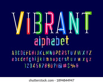 Colorful stylized alphabet design with uppercase, lowercase, numbers and symbols