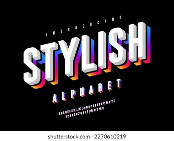 Colorful stylized alphabet design with uppercase, numbers and symbols