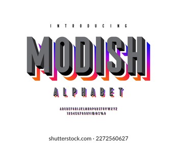 Colorful stylized alphabet design with uppercase, numbers and symbols