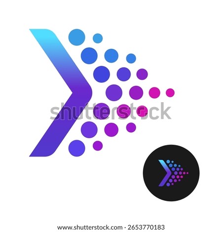 Colorful stylized arrow logo with round elements. Moving fast forward creative abstract symbol with small circle particles