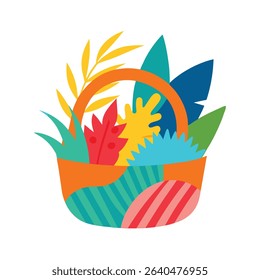 Colorful stylized basket filled with tropical leaves and botanical elements isolated on white