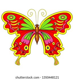 Colorful stylized Beautiful red butterfly. Design for tattoo, sticker or decoration of wall. Vector illustration isolated on white background.