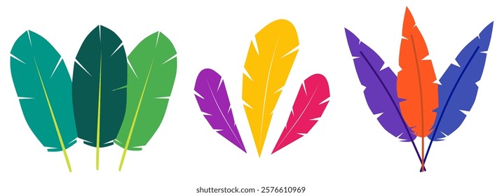 Colorful stylized bird feathers collection isolated on white. Feather cartoon fantasy set. 