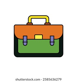 A colorful, stylized briefcase with an orange flap, green body, yellow clasp, and purple straps