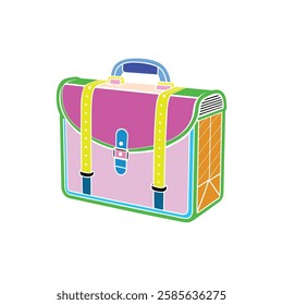 A colorful, stylized briefcase with pink, green, yellow, and blue accents, featuring straps and a geometric pattern on the side