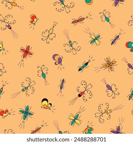 Colorful Stylized Bugs Moving Across an Orange Background creating a textured seamless pattern print background