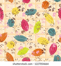 Colorful stylized cacao pods in candy colors on white chocolate tablet. Seamless vector pattern background. Great for fabric, packaging, home decor, wallpaper and more.