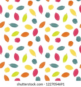 Colorful stylized cacao pods in candy colors seamless vector pattern background.Great for fabric, packaging, paper, stationery, home decor, wallpaper and more.