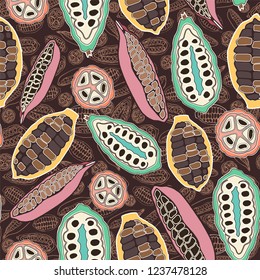 Colorful stylized cacao pods seamless vector pattern background. Ideal for fabric, home decor, apparel and accessories, wallpaper, packaging and other paper goods.