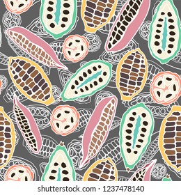 Colorful stylized cacao pods seamless vector pattern background. Ideal for fabric, home decor, apparel and accessories, wallpaper, packaging and other paper goods.