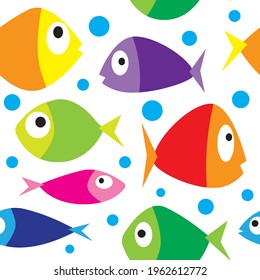 Colorful stylized cartoon funny fish seamless pattern. Vector illustration. 