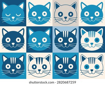 Colorful stylized cat faces collection with transparent background for design projects